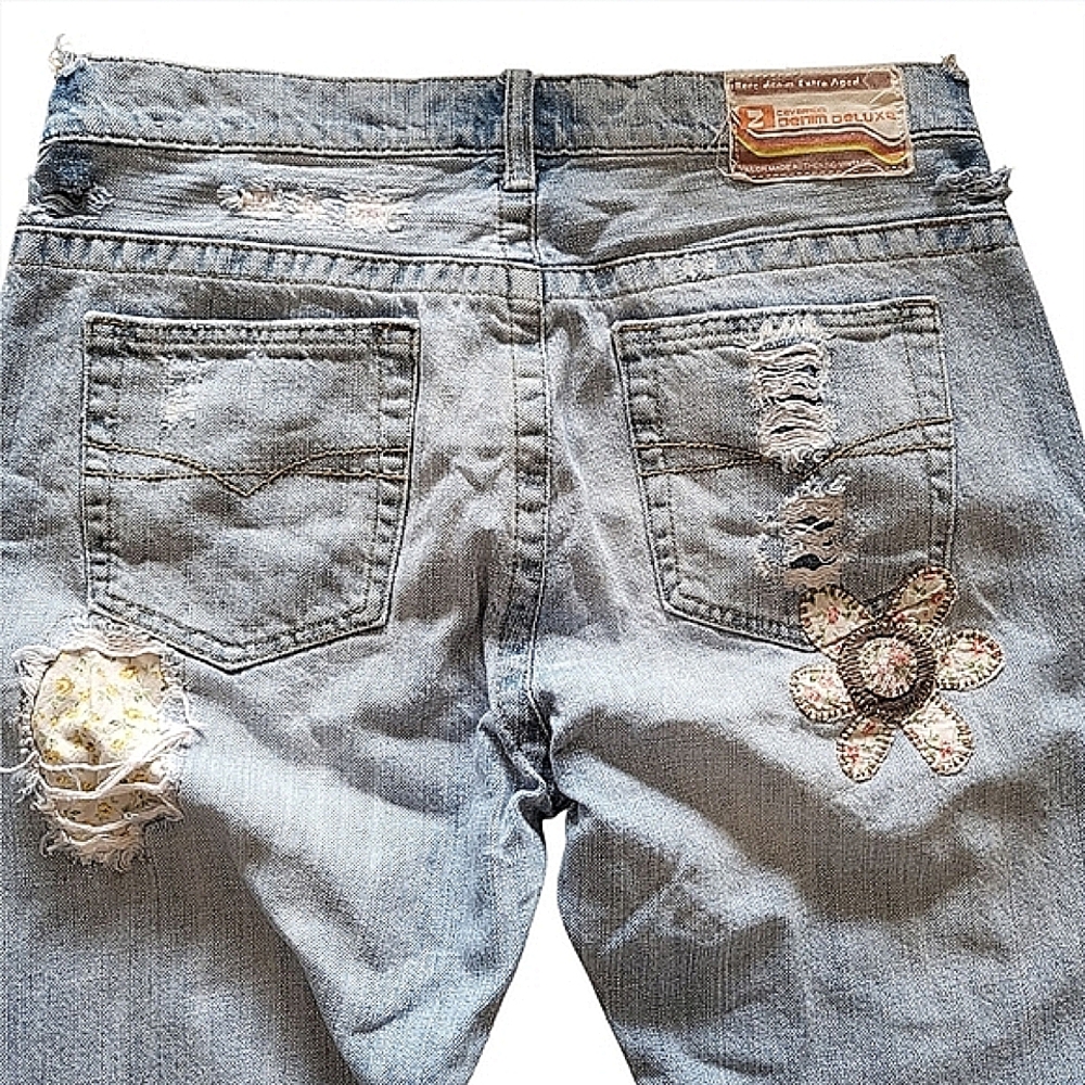 90s Vintage Z.Cavaricci Mid-Rise Distressed Boho Flare Leg Jeans Patches Sz 9